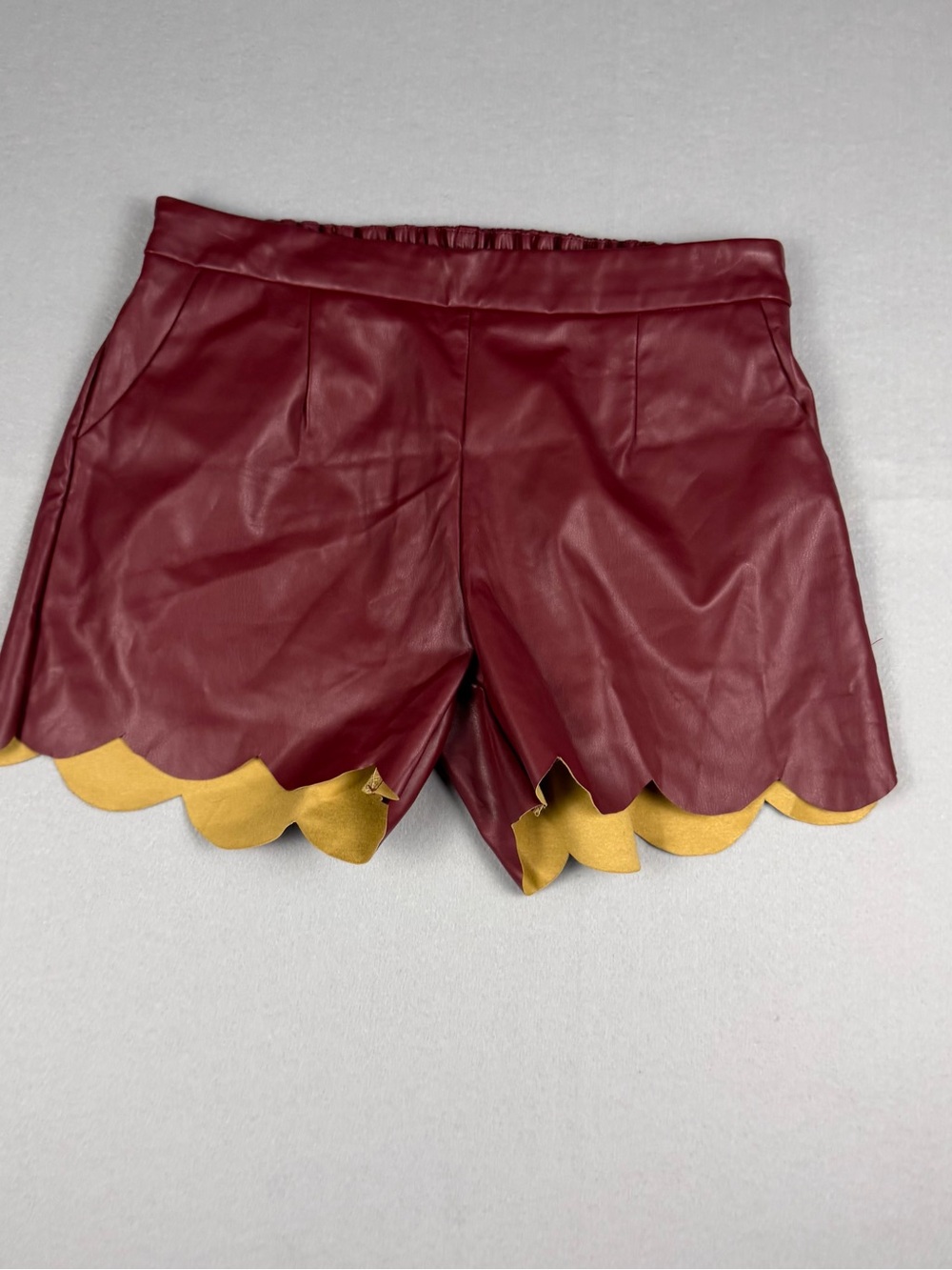 High-Waist Burgundy Faux Leather Scalloped Shorts with Mustard Trim
